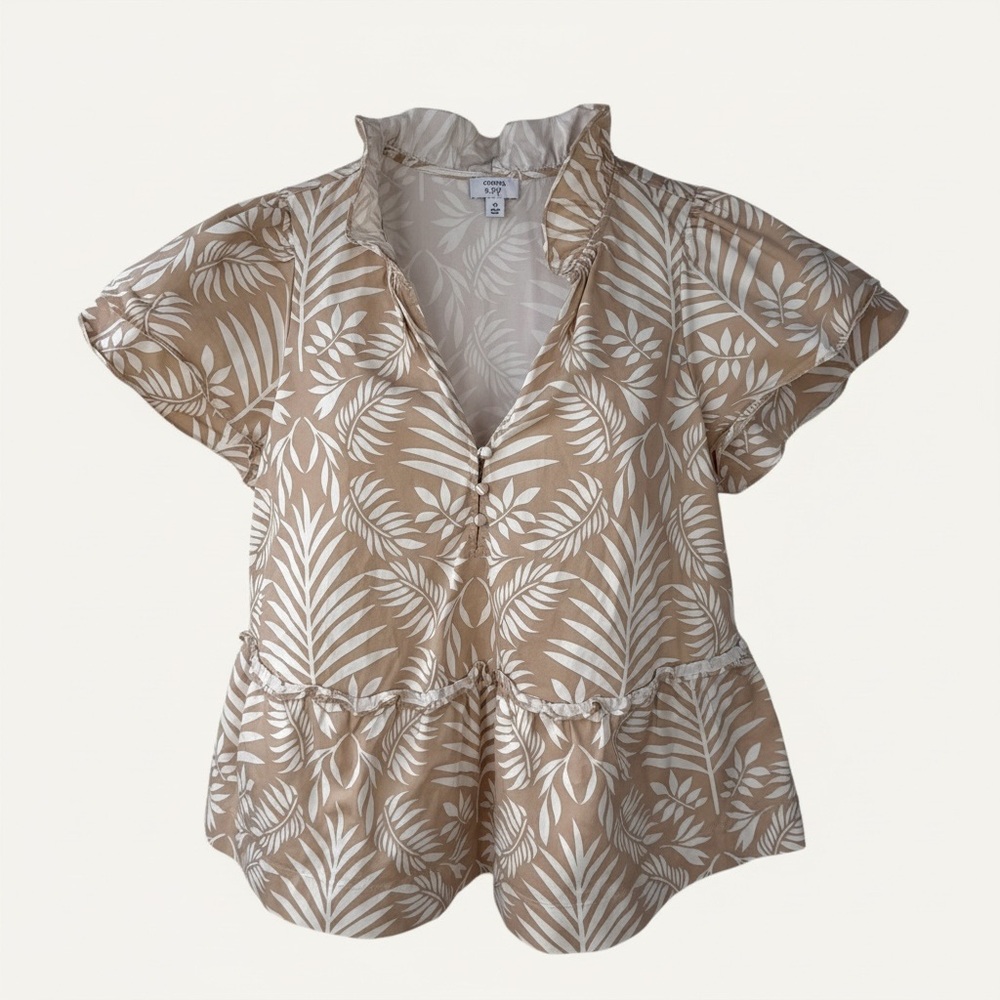 Crown & Ivy Tan & White Palm Leaf Print Peplum Babydoll‎ Blouse Size M